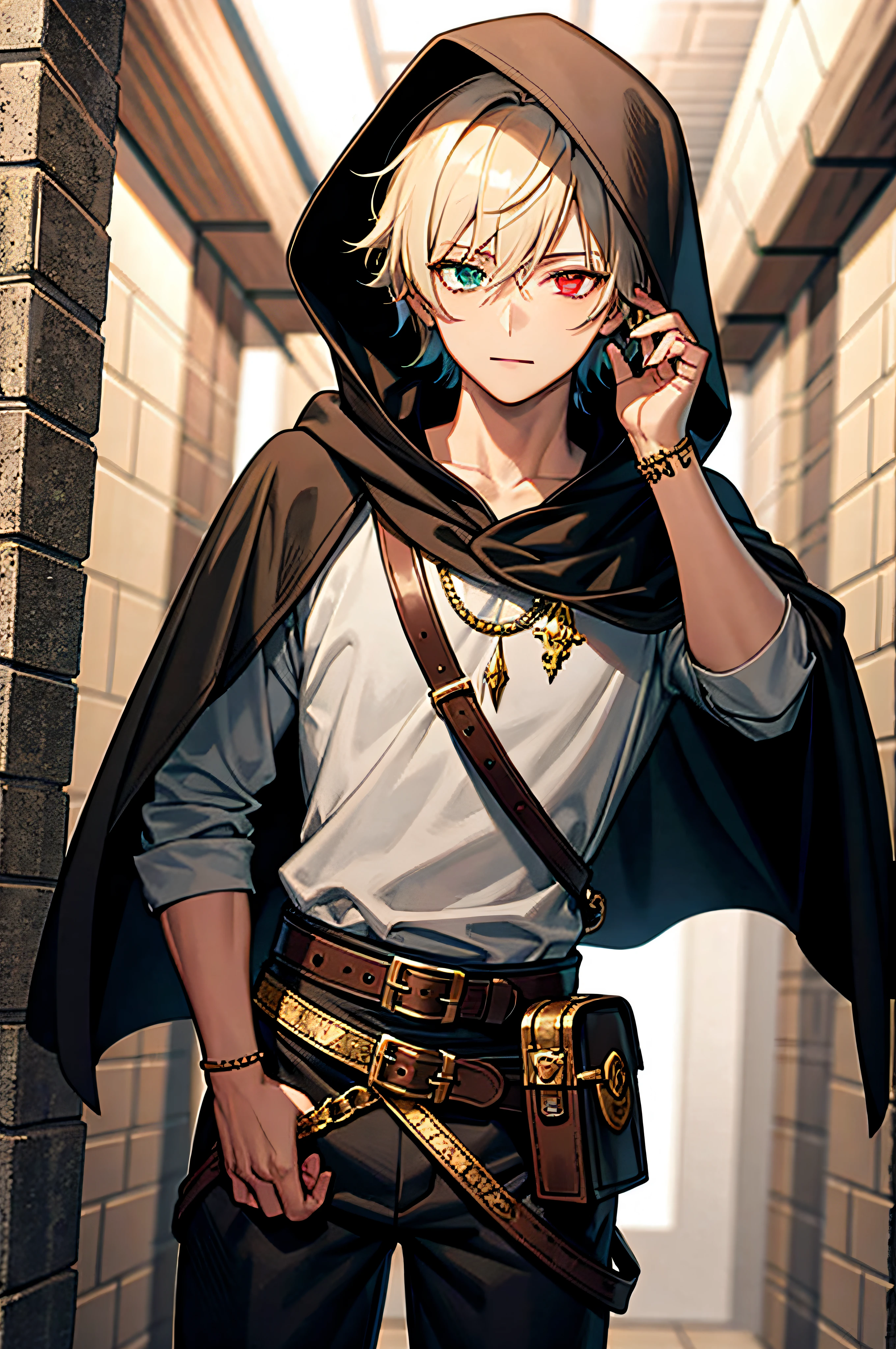 (masterpiece, best quality, detailed background, intricate details), fantasy theme, inside dungeon, 1boy, thief, Dark pants and shirt, black cloak, hood, heterochromia eyes, dagger on hip, belt pouches, confident expression, dynamic pose, rusty treasure chest, stone walls, dark