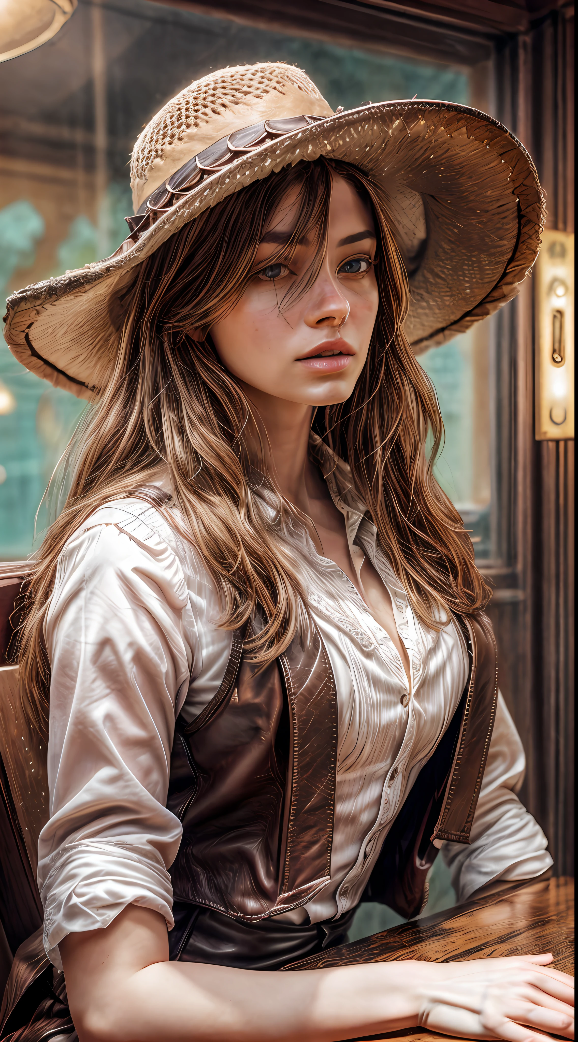 (RAW photo), masterpiece, highest quality, 8k wallpapers, (photo realism: 1.4), (high resolution), super detailed, (realism: 1.2), (best quality: 1.3), a beautiful rancher woman from the 1800s with wavy blond hair, light blue eyes and dark eye shadow, eye liner, dressed in a white blouse, brown leather vest, brown leather cowboy hat, siting at a table in a poorly lit saloon, 1880s , Smokey, poorly lit, soft light, backlit, micro-details, photorealism, photorealistic, cinematic light, cinematic, beautiful girls, dim lights,