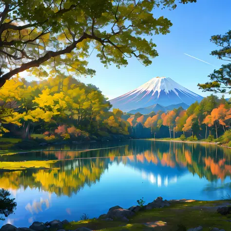 monte fuji super detalhado ao fundo de um lago realista, com aguas razas e claras, arvores ao redor do lago com folhas secas, di...