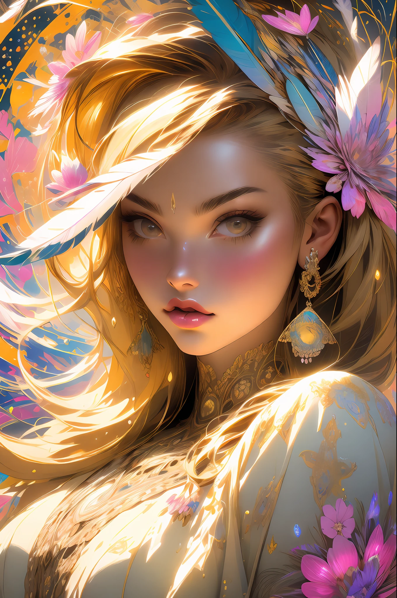A Women in her 30 with medium breasts, bare shoulders, golden hair, colored feathers, metal ornaments, colored flowers, particles, light rays, (masterpiece, top quality, best quality, official art, beautiful and aesthetic:1.2), (1girl:1.3), extremely detailed,(fractal art:1.1),(colorful:1.1)(flowers:1.3),highest detailed,(zentangle:1.2), (dynamic pose), (abstract background:1.3), (shiny skin), (many colors :1.4), ,(earrings:1.4), (feathers:1.4), 30 year lady, women, adult, 30 year