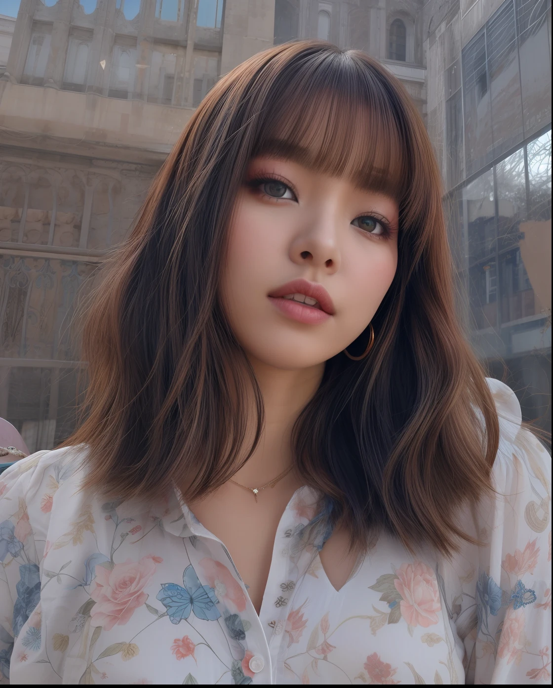 Close-up of a woman in a flowered shirt and a blue frame, lalisa manobal, with bangs, sun yunjoo, with bangs completo, Cabello limpio with bangs, Lalisa Manoban de Blackpink, Jossi de Blackpink, Retrato de Jossi de Blackpink, con pelo corto with bangs, the hime cut, center parted bangs