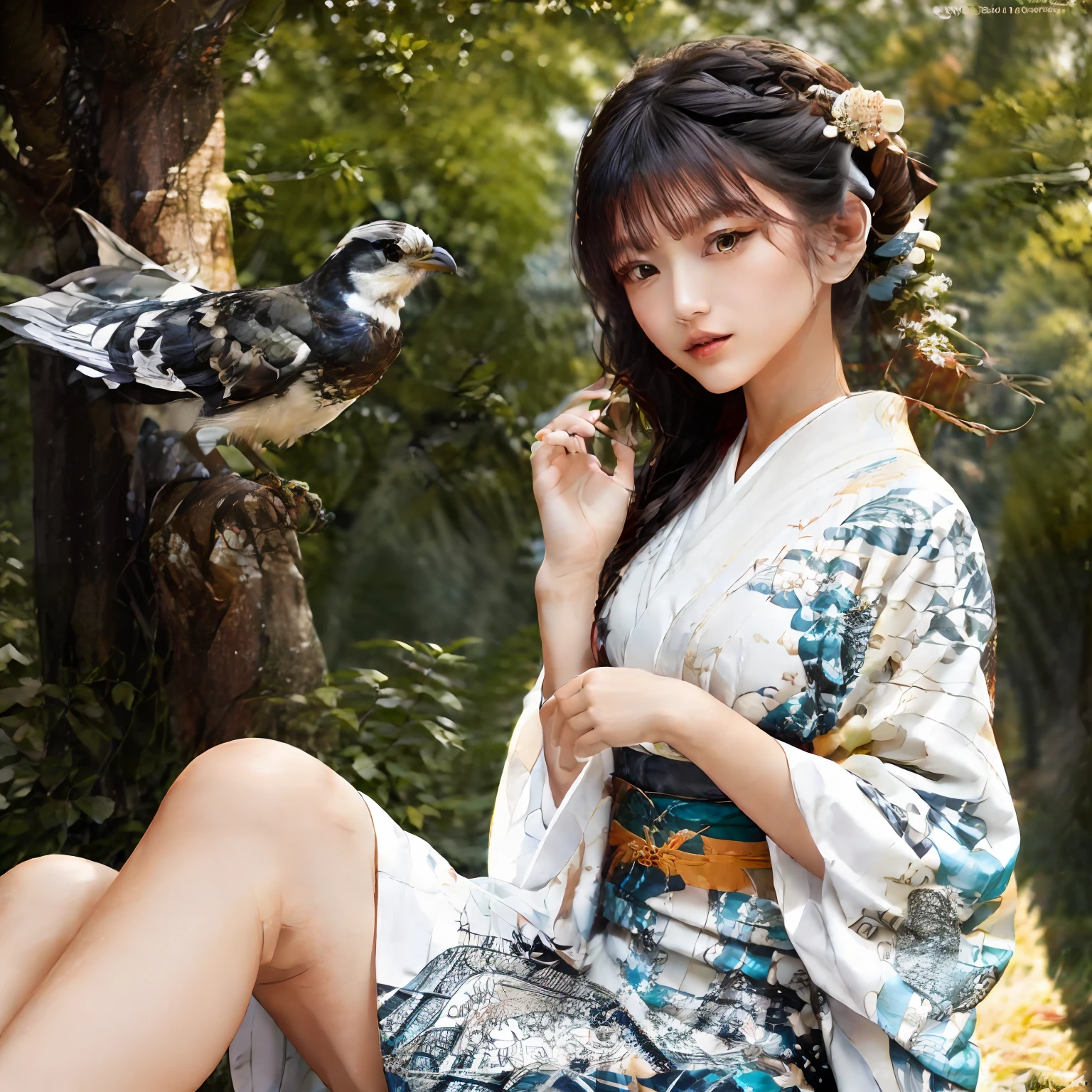 照相写实主义、在夏天, 那个树々在阳光的映衬下、透明时尚杂志图片、身穿带有鸟蛇图案的白色超薄和服的日本年轻女子, 描述一名日本女孩穿着带有葛饰北斋的鸟和木图案的和服，外面套着由蕾丝或网眼织物制成的半透明连衣裙. 阳光透过和服的布料照射进来, 它创造了动态的阴影和图案，似乎蜿蜒在女孩的身体和腿上, 反思她内心的渴望和激情 . 这是、鼓励实验，将时尚打造为一个互动系统