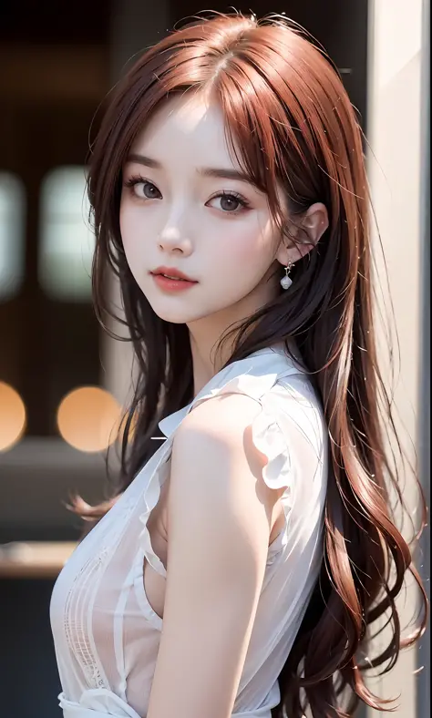 (8k, RAW photo, photorealistic:1.25) ,long red hair, ( lip gloss, eyelashes, glossy side, shiny skin, best quality, ultra-high resolution, depth of field, chromatic aberration, caustics, wide light, natural shadow, Kpop idol) Watch the audience with sereni...