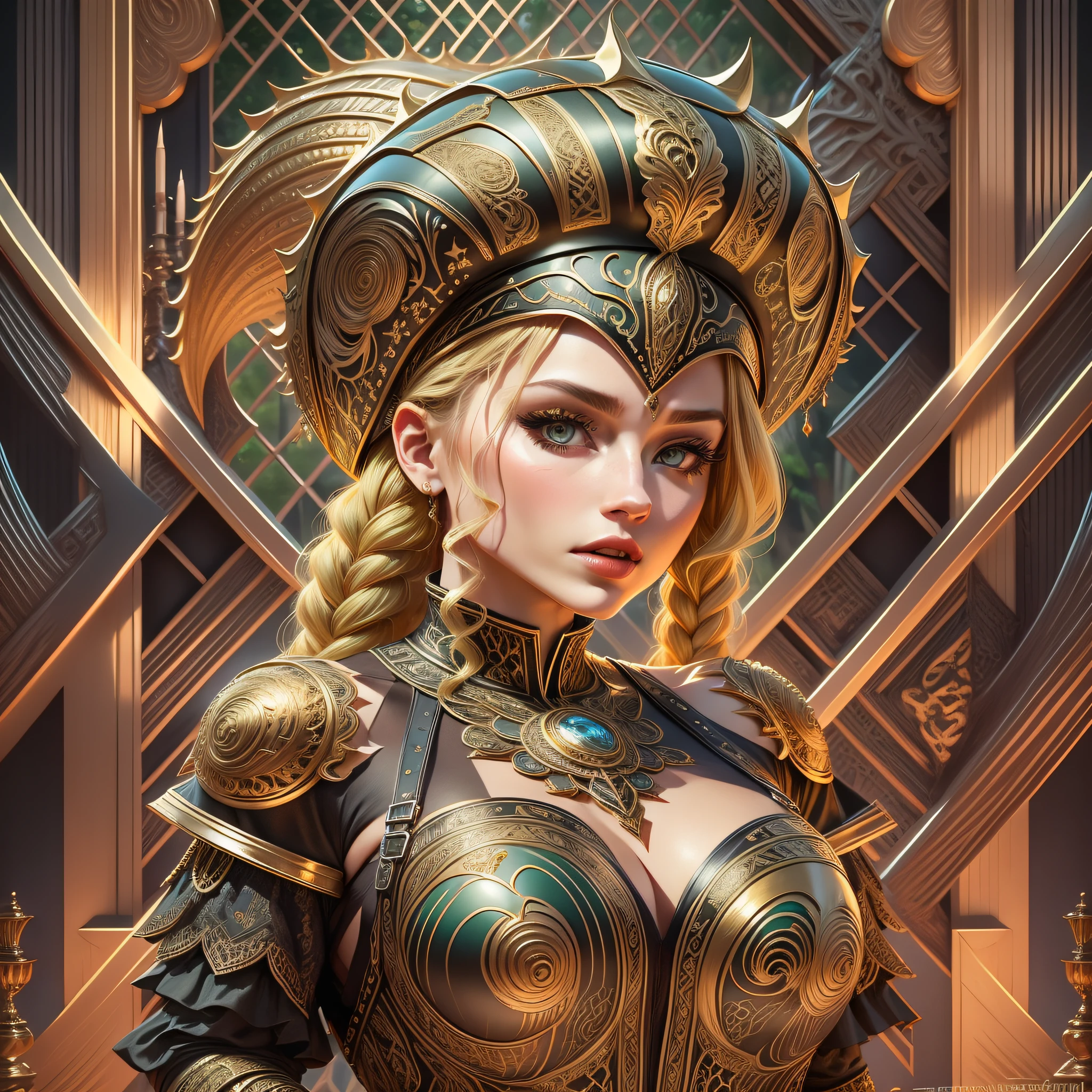 Muscular woman with blonde hair with braids, (armadura de decote verde punk medieval). Bright chrome gold lingerie with sharp reflections. Gemas. bareshoulders. Ornate red hat. Detailed lighting. Artwork. Beleza extrema. Clothing with intense colored gradient ...
Victor Espectro