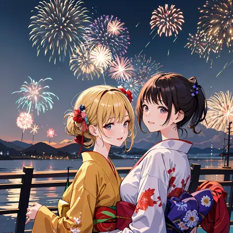 There is a woman wearing a yukata, Watch a spectacular fireworks display. Fireworks are huge and、Symbolizes the summer nights of...