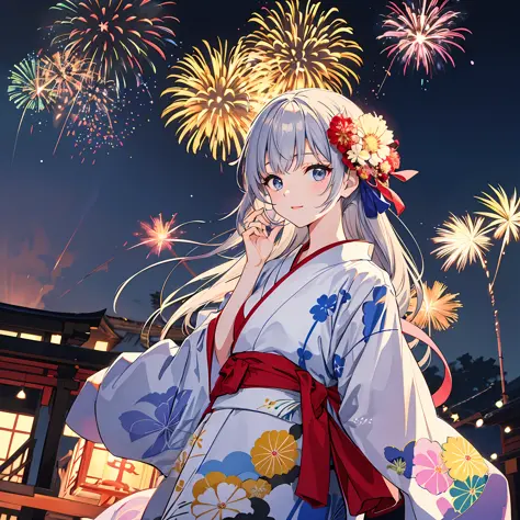 There is a woman wearing a yukata, Watch a spectacular fireworks display. Fireworks are huge and、Symbolizes the summer nights of...