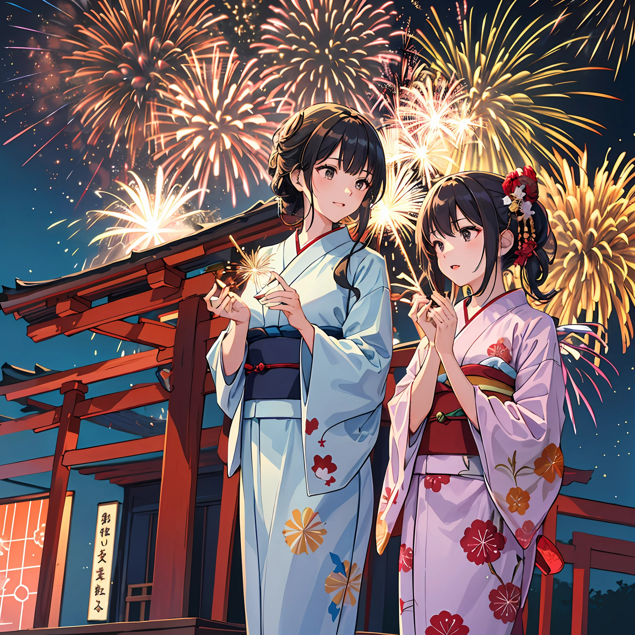 Há duas mulheres vestindo vestes yukata, Assista a uma espetacular queima de fogos de artifício. Os fogos de artifício são enormes e、Simboliza as noites de verão dos festivais tradicionais do Japão. (((Mulher impressionada ao olhar para fogos de artifício))). (As ilustrações são de alta qualidade).((Geral transparente)),Fogos de artifício são ótimos.