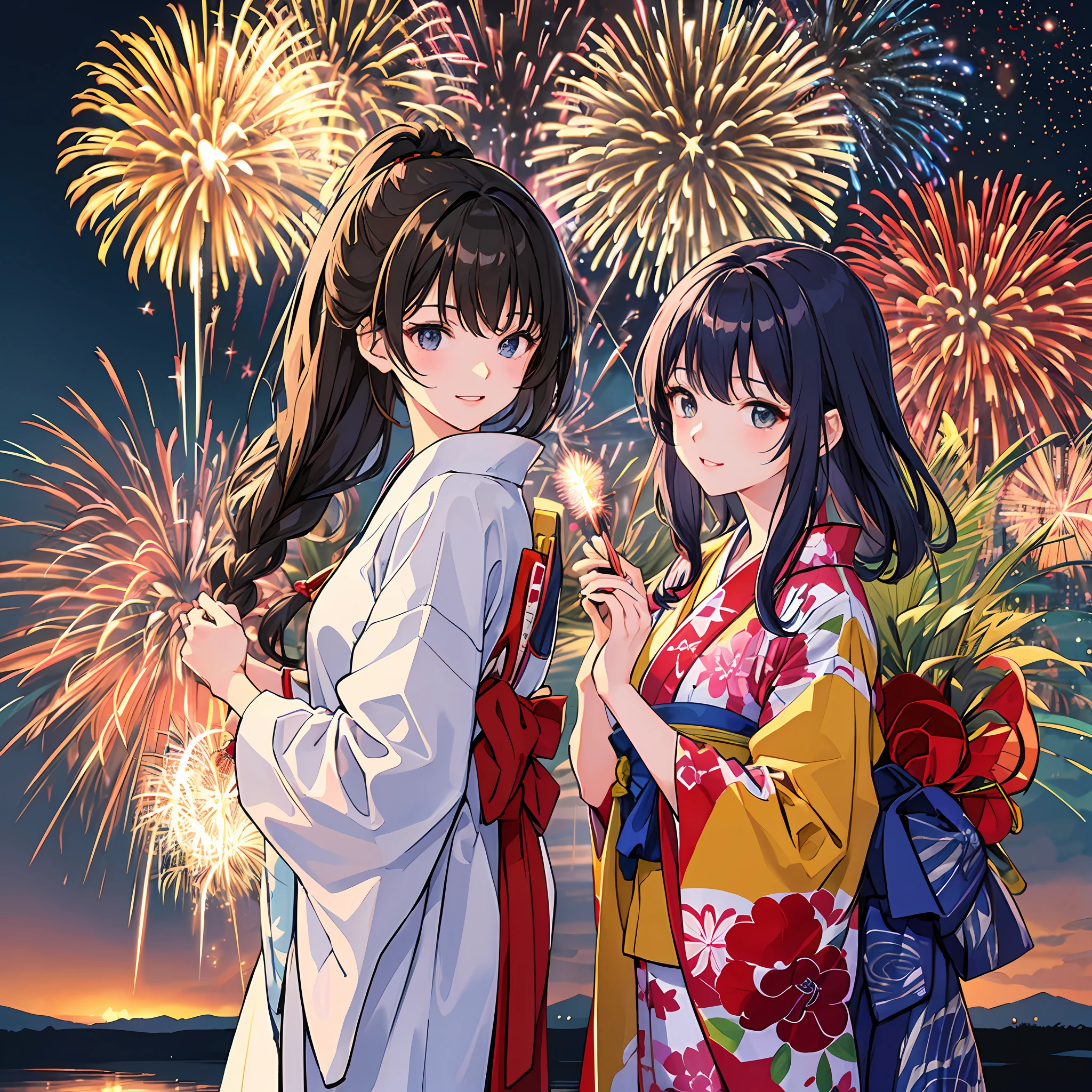 Es gibt zwei Frauen in Yukata-Roben, Sehen Sie sich ein spektakuläres Feuerwerk an. Feuerwerke sind riesig und、Symbolisiert die Sommernächte der traditionellen Feste Japans. (((Frau beeindruckt beim Betrachten des Feuerwerks))). (Die Illustrationen sind von hoher Qualität).((Transparenter Overall)),Feuerwerk ist toll.