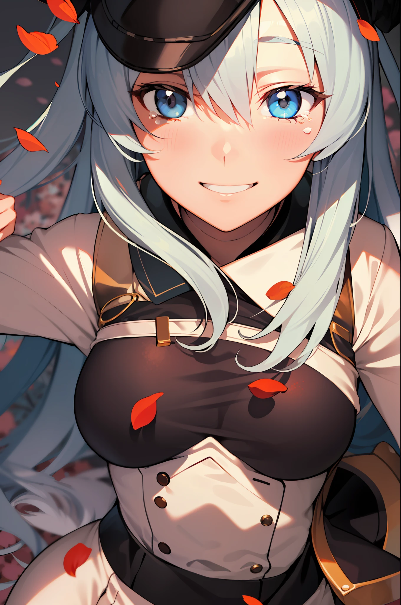 (Meisterwerk), (beste Qualität),highres, Extrem detailliert, professionelle Beleuchtung, Esdeath, Esdeath outfit, Vorderansicht, Tränen in den Augen, lächeln, geneigter Kopf, fallende Blütenblätter, Unterkörper