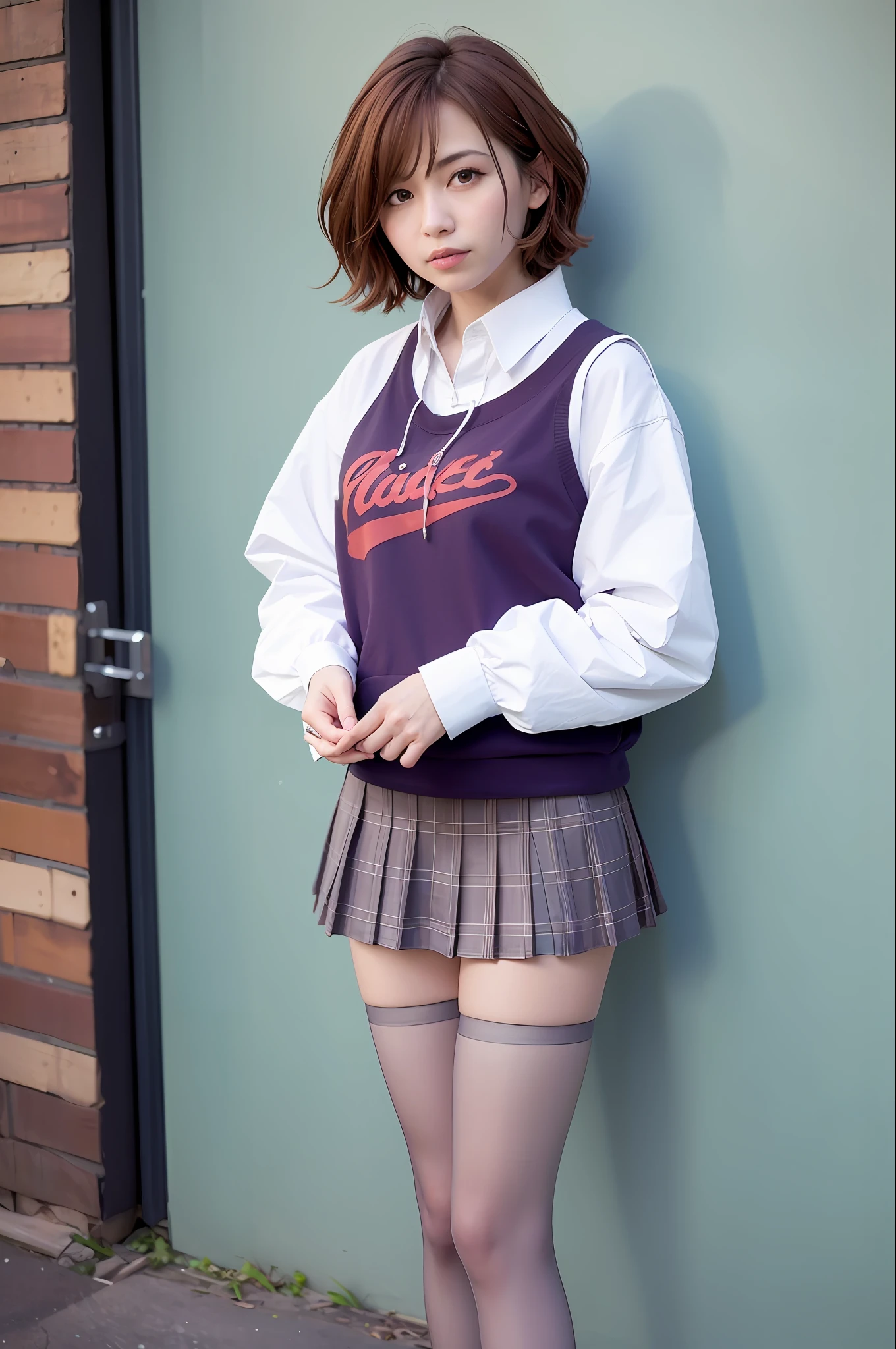 Best Quality, 超A high resolution, (Photorealistic:1.4), 1girl in, higuchi madoka, Short hair, Brown hair, Purple eyes, Hairpin, Sweaters, Shirt, Skirt, (pantyhose:1.1), Standing, Looking at Viewer