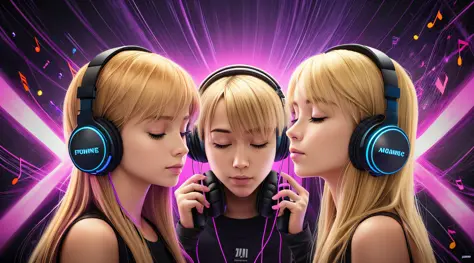Blond-haired triplets,Headphones with lightning in the background, listening to music at 2 am, com fones de ouvido, vibing to mu...
