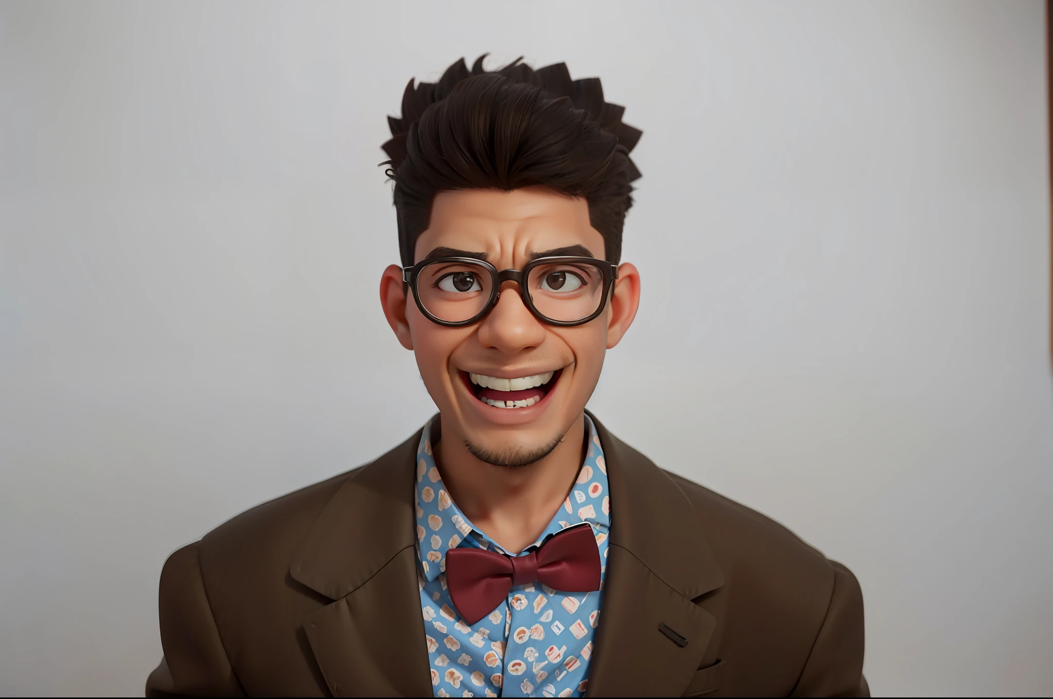 :(Nerdy mixed race guy),(at desk),(holding a book:1.2),(wearing glasses and bow tie),(1-2 cups of coffee),wooden table,(book stack:0.8),notebook, pen, lamp,(bookshelves in background),(Laughing emotion:1.1)