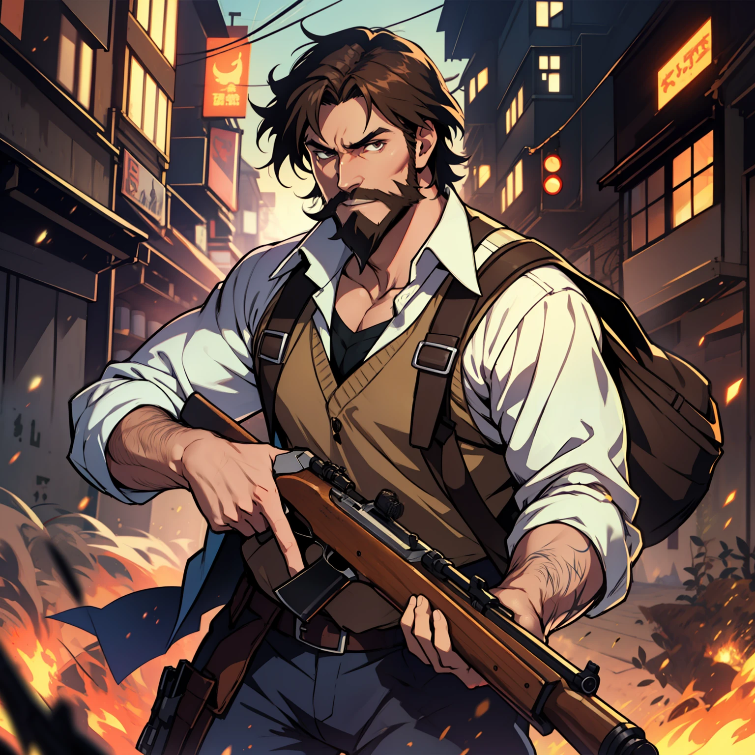 Allein, Anime-Typ mit braunen Haaren und struppigem braunem Bart, der ein Winchester-Gewehr hält, dynamische Beleuchtung