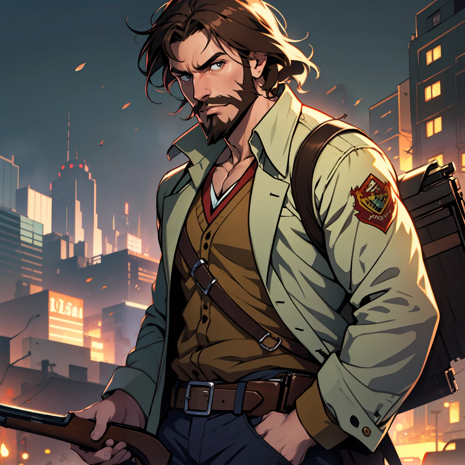 Allein, Anime-Typ mit braunen Haaren und struppigem braunem Bart, der ein Winchester-Gewehr hält, dynamische Beleuchtung