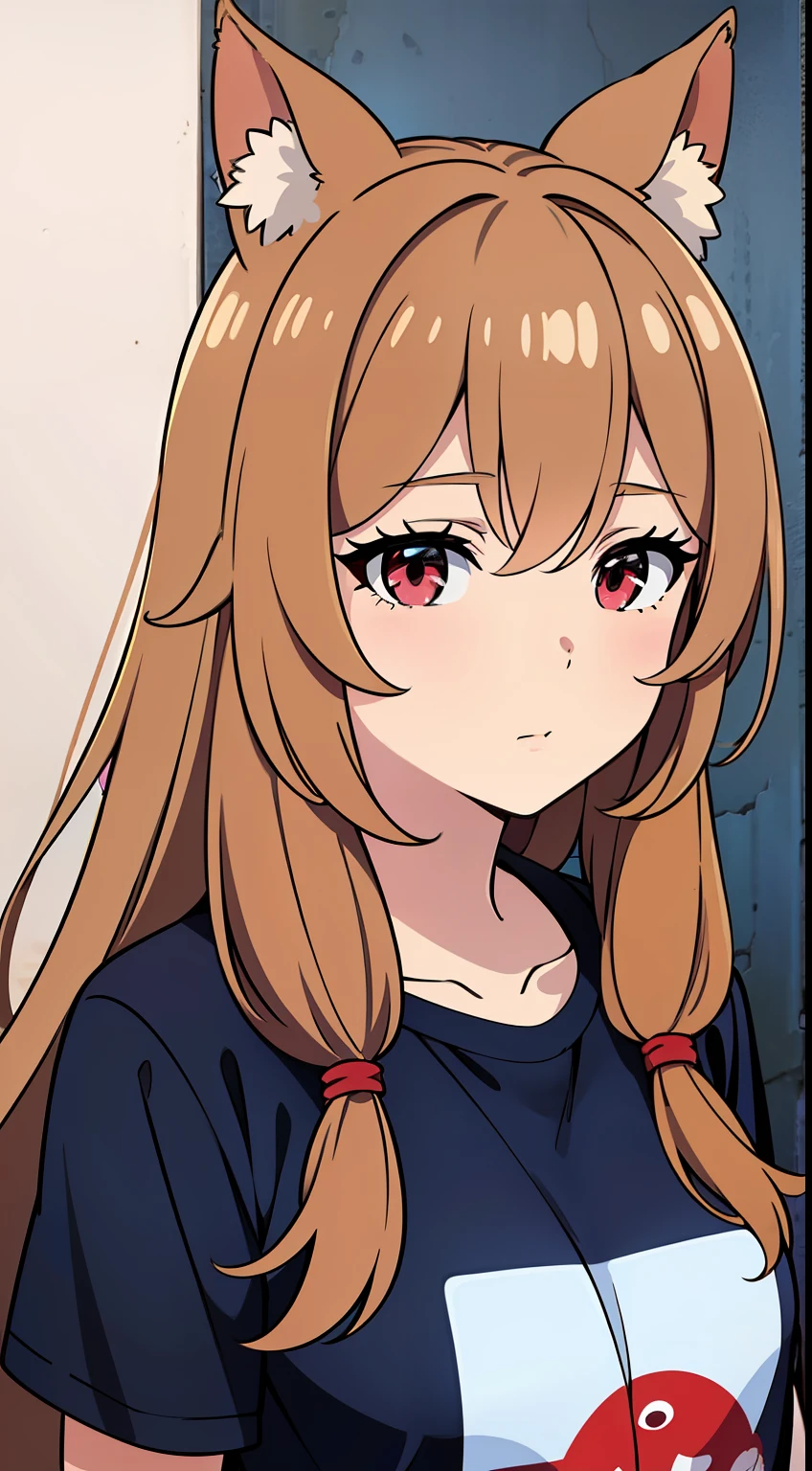 Raphtalia, Brown-haired, ojos rojos, orejas de animal, camiseta totalmente blanca, senos medianos, falda azul, Americano_tiroteo, en medio de la calle,