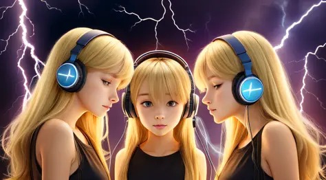 Blond-haired triplets,Headphones with lightning in the background,