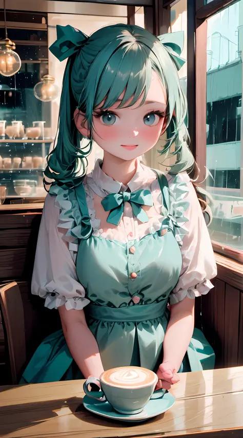 1girl, looking at the rain through a window, she is inside a coffeehouse  ((color palete: pale blue, seafoam , silver colors)), ...