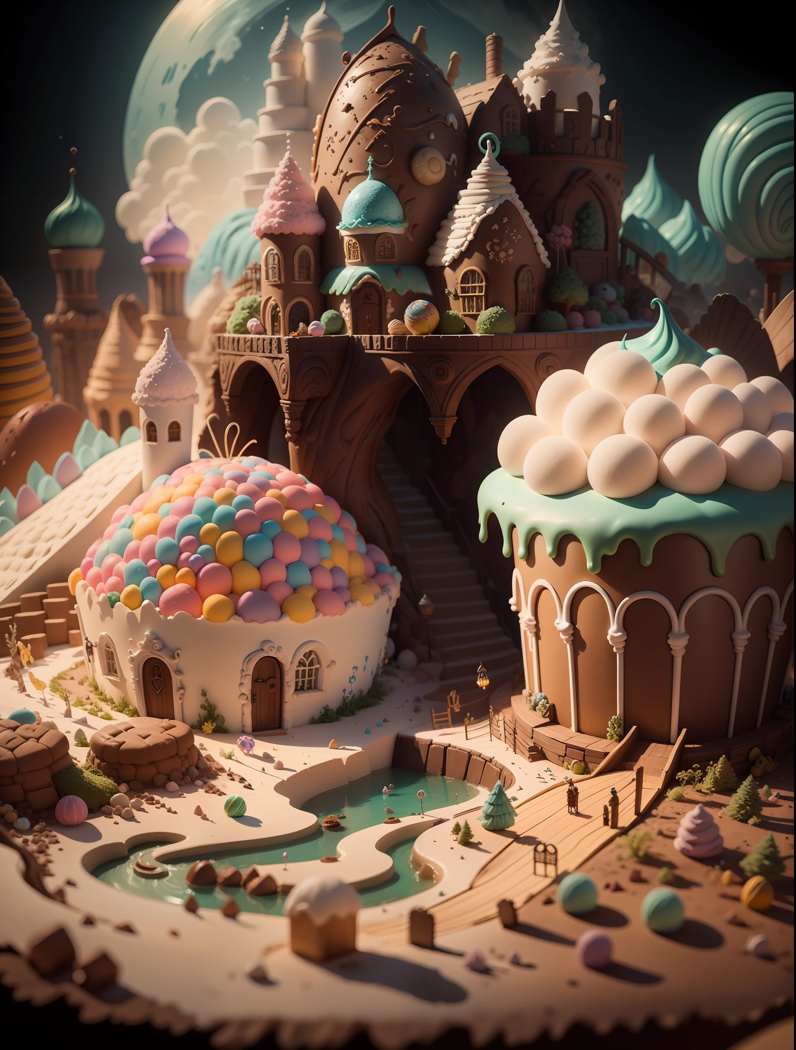 "(((obra-prima))) melhor qualidade, Full HD 8K, Fantasy setting made of candy, gate, janelas e telhado todos feitos de doces, no human presence, rios doces de xarope, in a magical and enchanting environment."guloseimas, biscoito, Chantilly,Chocolate com Nutella,rio de mel ,mel de rio , cotton candy gum,bombom, Rainbow made with treats, chimney made with goodies, rio de mel , renderização 3dMM. profesional lighting