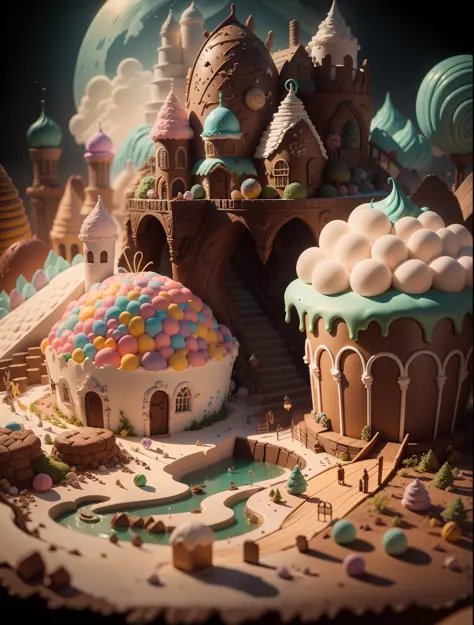"(((obra-prima))) melhor qualidade, Full HD 8K, Fantasy setting made of candy, gate, janelas e telhado todos feitos de doces, no...