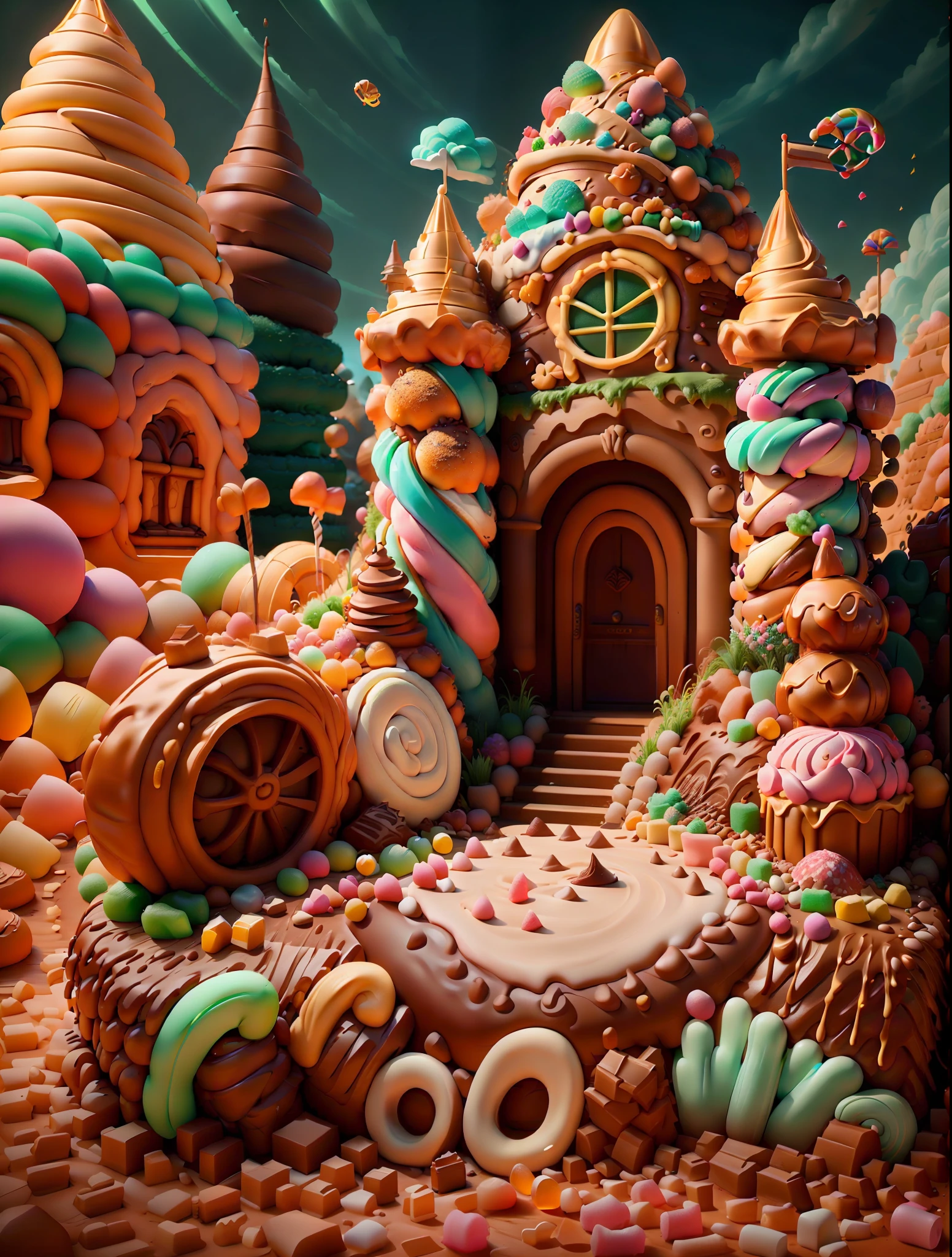 "(((obra-prima))) melhor qualidade, Full HD 8K, Fantasy setting made of candy, gate, janelas e telhado todos feitos de doces, no human presence, rios doces de xarope, in a magical and enchanting environment."guloseimas, biscoito, Chantilly,Chocolate com Nutella,rio de mel ,mel de rio , cotton candy gum,bombom, Rainbow made with treats, chimney made with goodies, rio de mel , renderização 3dMM. profesional lighting