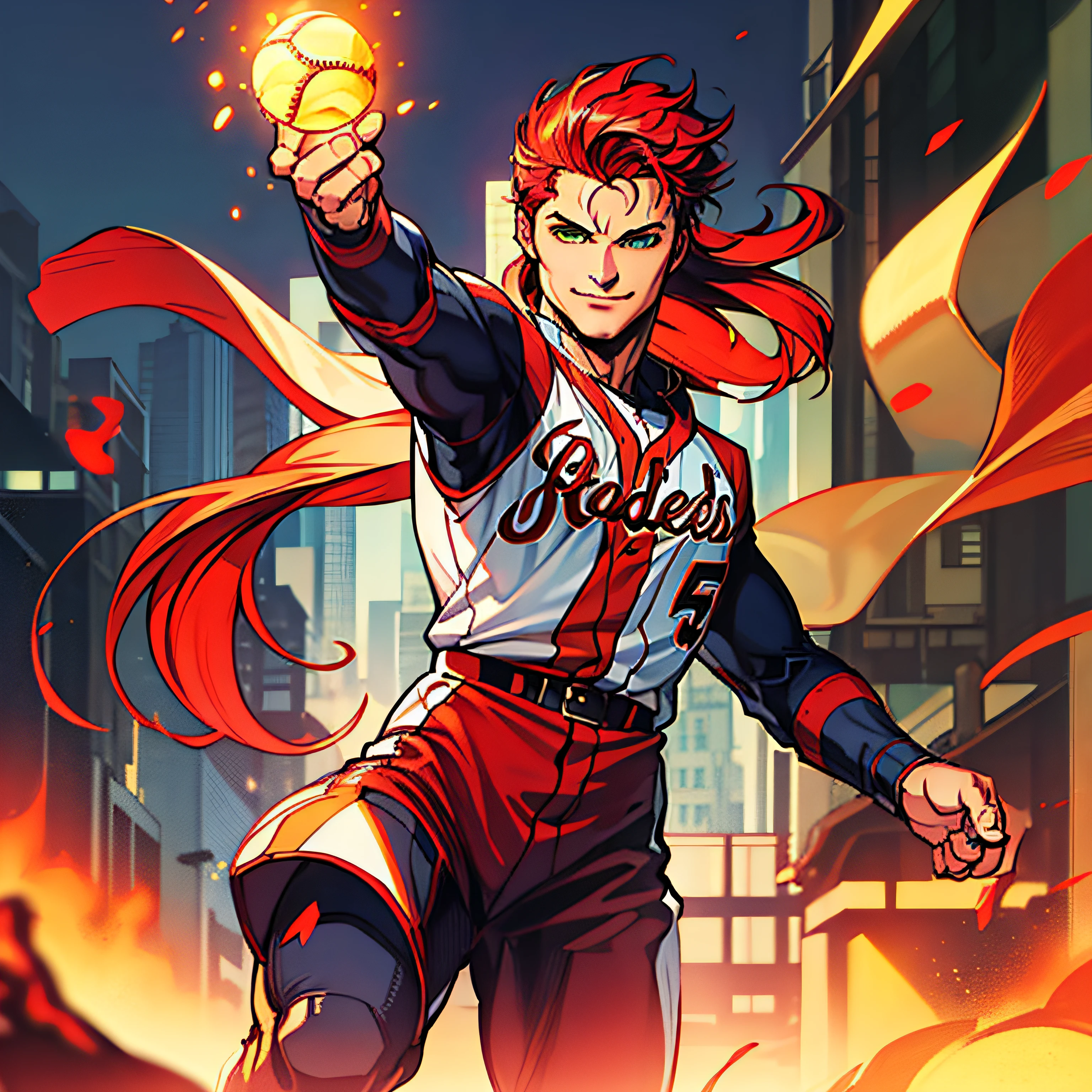 Мужчина, молодой, рыжая, длинные волосы, зеленые глаза, передовая технология униформы, бейсбол, огненный шар, кривая улыбка, изображение высокого качества
