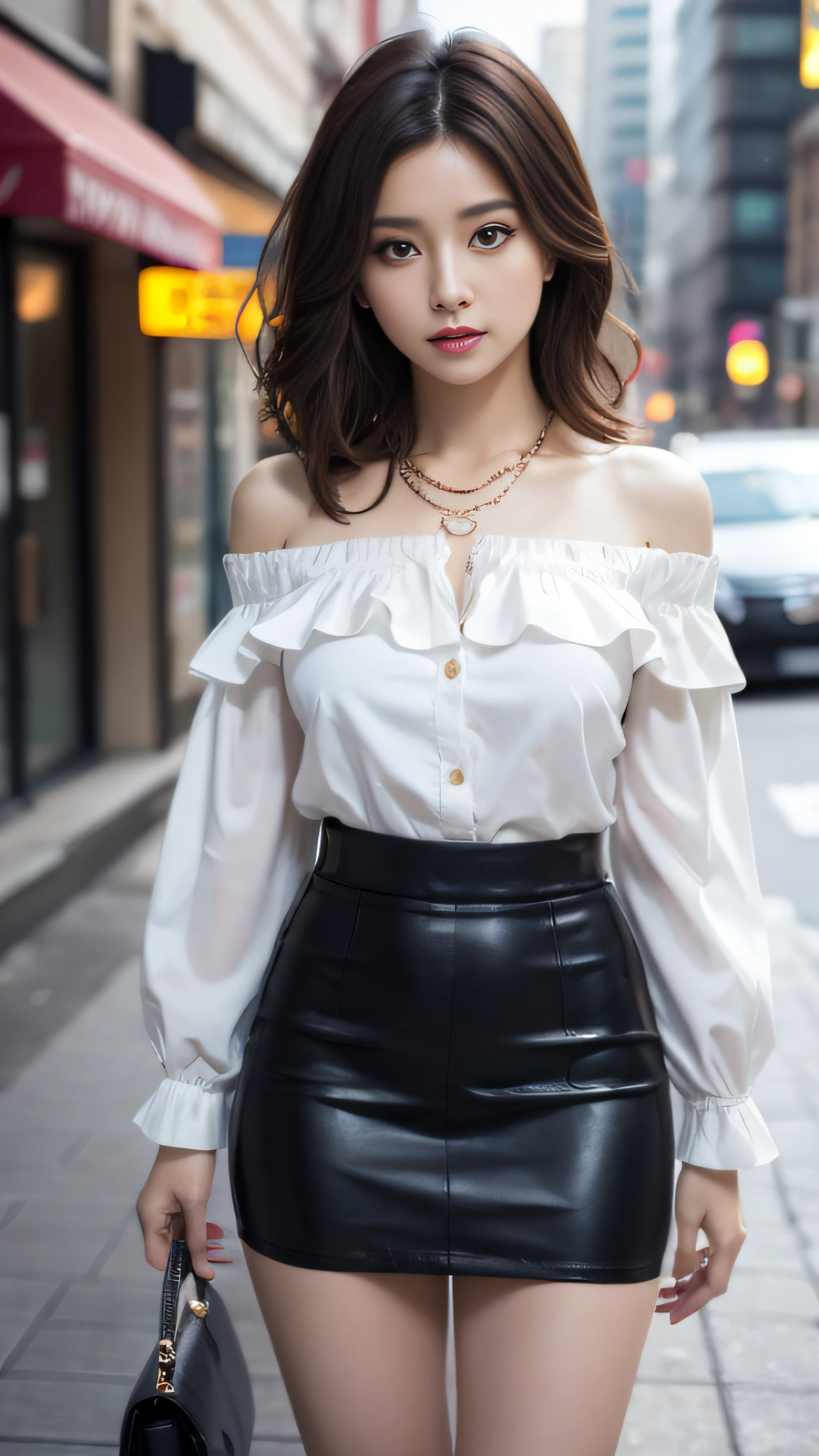 A woman in a white blouse and black leather skirt walking down a street ...