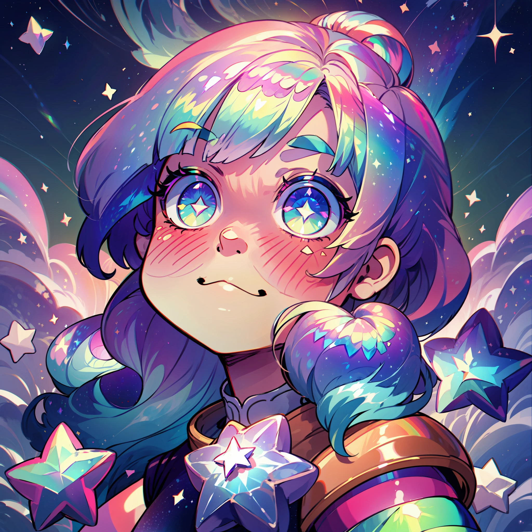 Con un enfoque extremadamente detallado en la textura y el brillo de las estrellas, This kawaii design features a seamless pattern of bright and colorful stars, iridiscent hair, iridiscent details, (((iridiscent colors))),