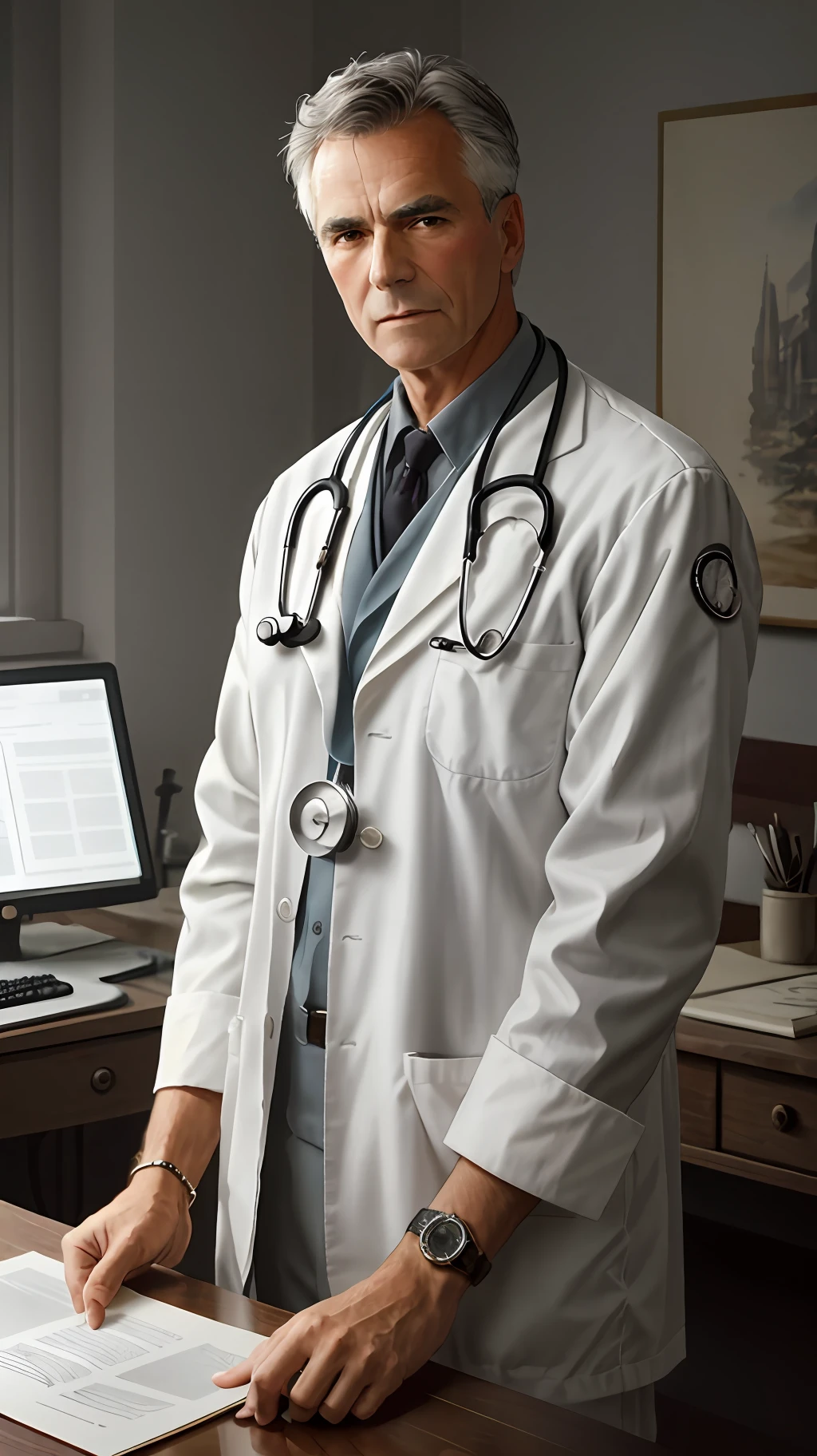 Arafed male doctor standing in front of a desk with a laptop - SeaArt AI