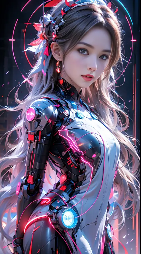 1 Girl Solo， perfect_hand， （8k， RAW photos， best qualtiy， tmasterpiece：1.2）， （realisticlying， photograph realistic：1.4）， （Very detailed CG Unity 8k wallpaper）， full bodyesbian， （neonlight）， Machop， Robotic arm， Hanfu， Chinese outfit， shift dresses，Hair ape...