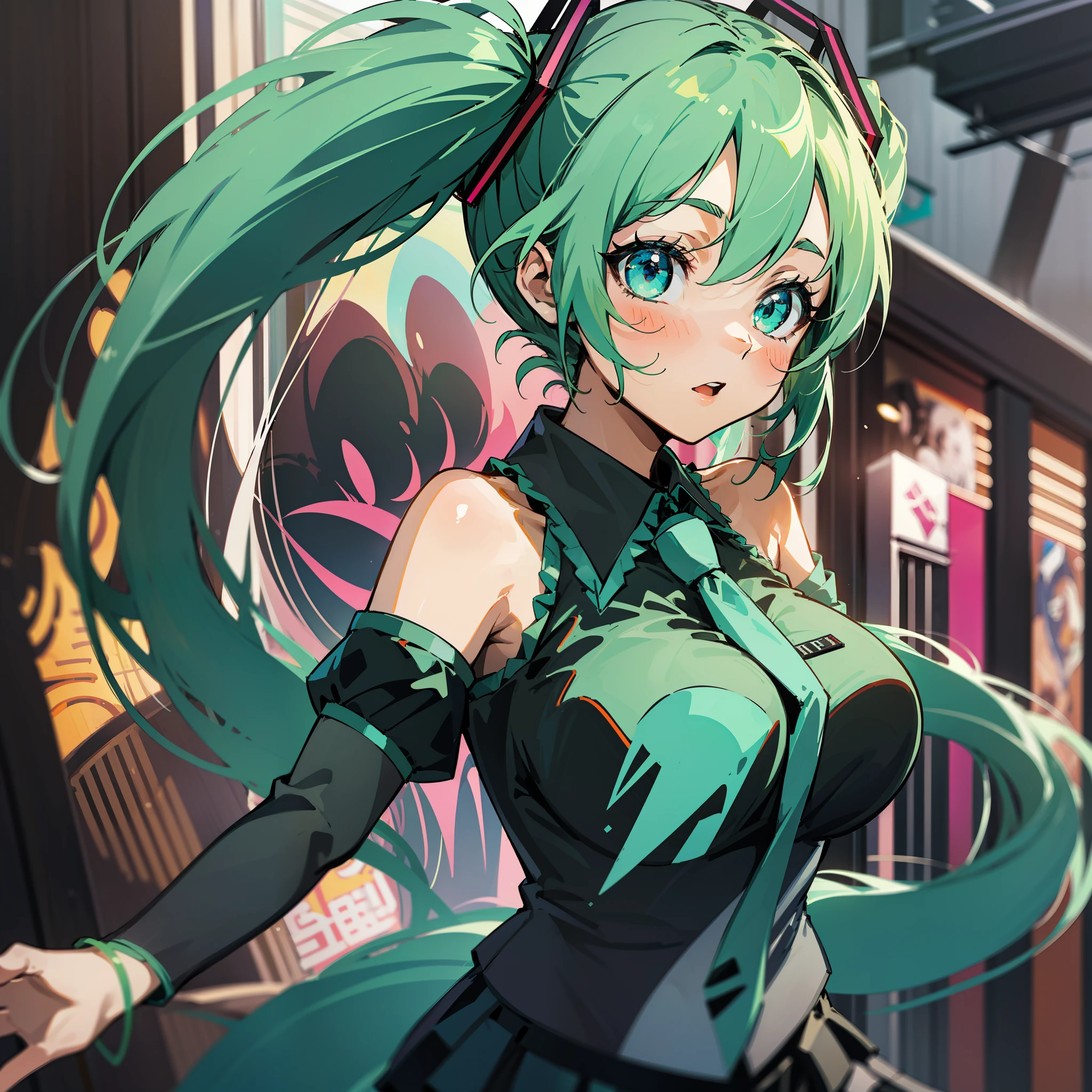 （Cover of a，Cover of a：1.3），Big breasts Hatsune Miku，Double tail，Green hair，bare shoulders​，a black skirt，black sleeve，Separate the sleeves，Cyan shirt，hair adornments，SENSE OF CINEMA，Urban feel，Stage singer。Special light and shadow