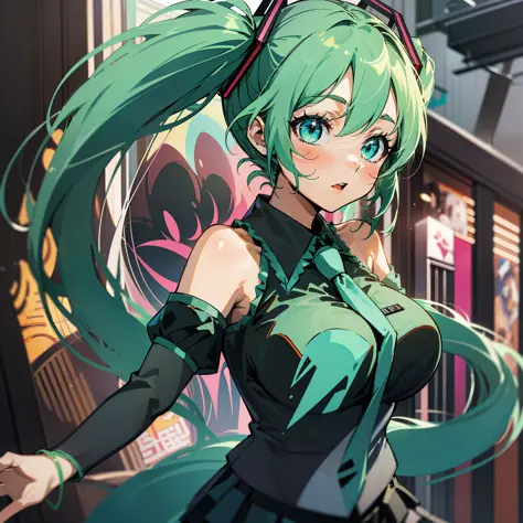 （Cover of a，Cover of a：1.3），Big breasts Hatsune Miku，Double tail，Green hair，bare shoulders​，a black skirt，black sleeve，Separate ...