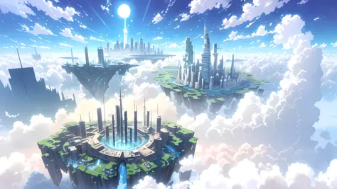 Anime scenes of a city surrounded by clouds and rivers, Anime landscape concept art, Floating city in the sky, Makoto Shinkai!, ...