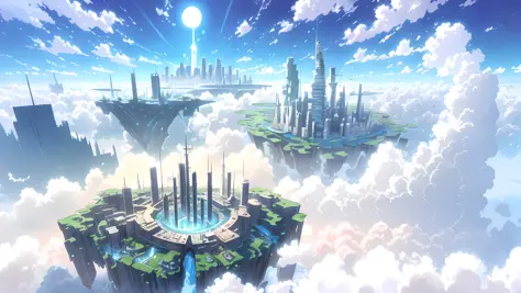 anime scenes of a city surrounded by clouds and rivers, anime landscape concept art, floating city in the sky, makoto shinkai!, ...