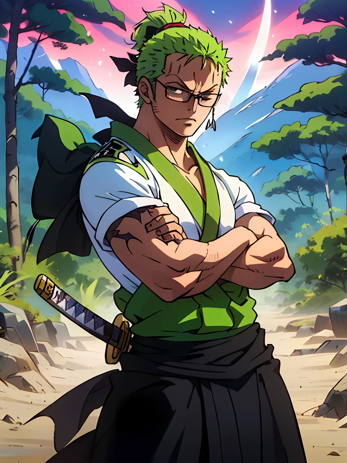 roronoa zoro (trabajar prima, resolución 4K, ultrarrealista |, Muy detallado), (tema samurai blanco, carismático, Hay un espadachín con los brazos cruzados al lado de un "conducir" barra japonesa, vistiendo un kimono azul con detalles de nubes en el "Obi" rango, él es el comandante de la primera división del líder de la banda mugiwara., trabajar "una pieza"), [ ((19 años), (pelo verde corto:1.2), cuerpo entero, (ojos azules:1.2), ((roronoa zoro's cross squares pose), demostración de fuerza, dibujando tu katana), ((Ambiente dentro de una óptica ):0.8)| (paisaje rural, al anochecer, luces dinámicas), (sol ofuscado))]. # Explicación: El mensaje describe principalmente una pintura 4K de ultra alta definición., muy realista, Muy detallado. Muestra un espadachín., mestre do estilo Santoryu de katanas, vestindo um quimono azul com detalhes de nuvem na rango da cintura. El tema de la pintura es un espadachín blanco., sosteniendo con una mano su katana negra enma, o protagonista masculino tem pelo verde corto, tiene 19 años y todo su cuerpo definido se muestra en el cuadro, con características de endomorfo bombeado , usando gafas graduadas.