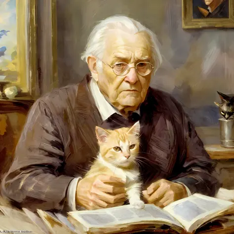 pintura de um velho segurando um gato e lendo um livro, Danile Gerhartz, Directed by: Franz Hegi, Berthold Woltze, Directed by: ...