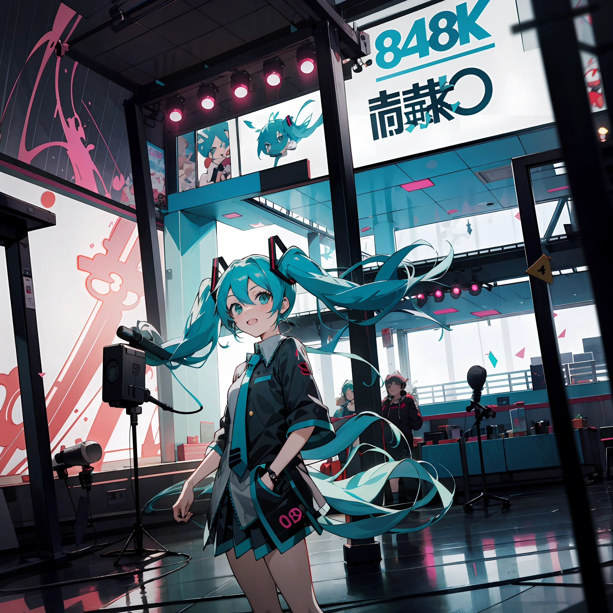 Wear green clothing，Anime girl with microphone in hand, Hatsune Miku, mikudayo, Os amigos, author：Shitao, Best anime 4k konachan wallpaper, Portrait of Hatsune Miku, style of anime4 K, in a cybercity, Badass anime 8 K, Anime wallpaper 4 k, Anime wallpaper 4K, 4K anime wallpaper