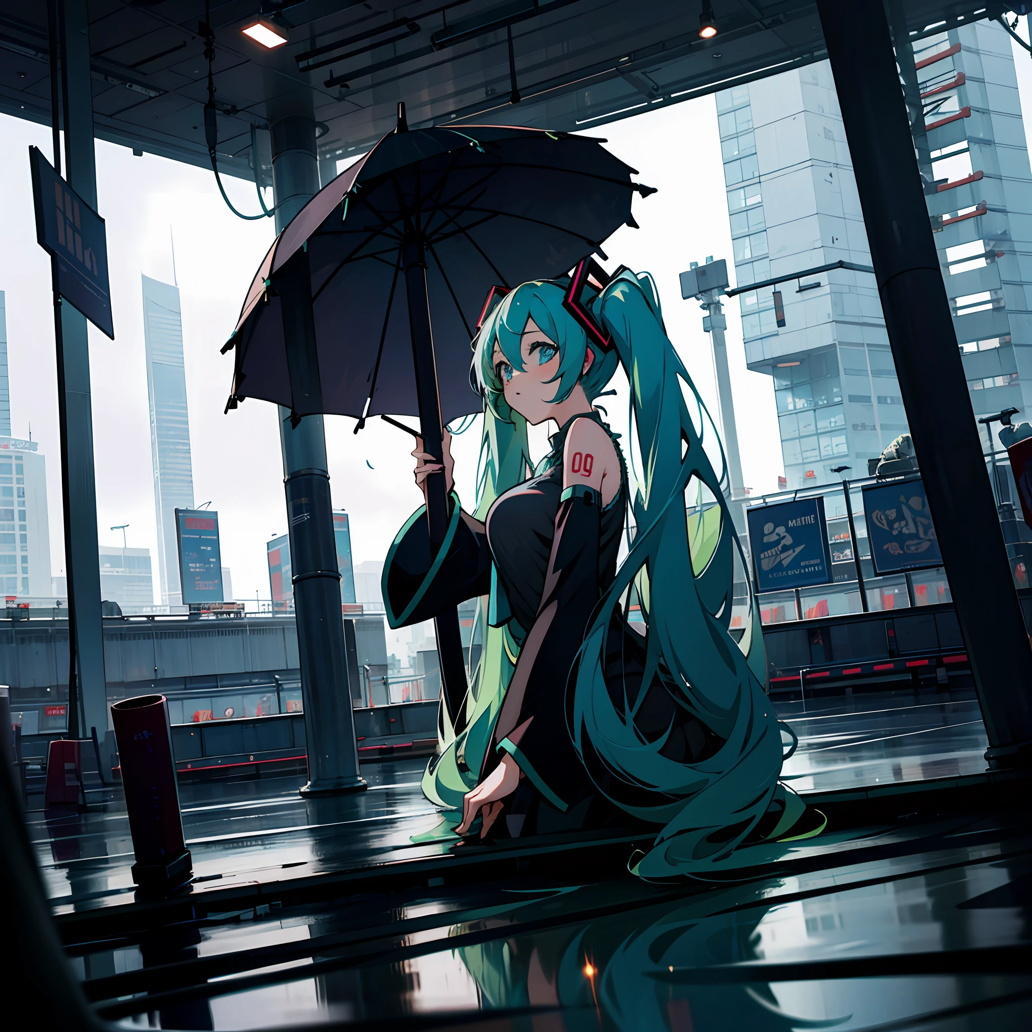 Big breasts Hatsune Miku，Double tail，Green hair，bare shoulders​，a black skirt，black sleeve，Separate the sleeves，Cyan shirt，hair adornments，SENSE OF CINEMA，城市，Stage singer。after rainny，Special light and shadow --auto