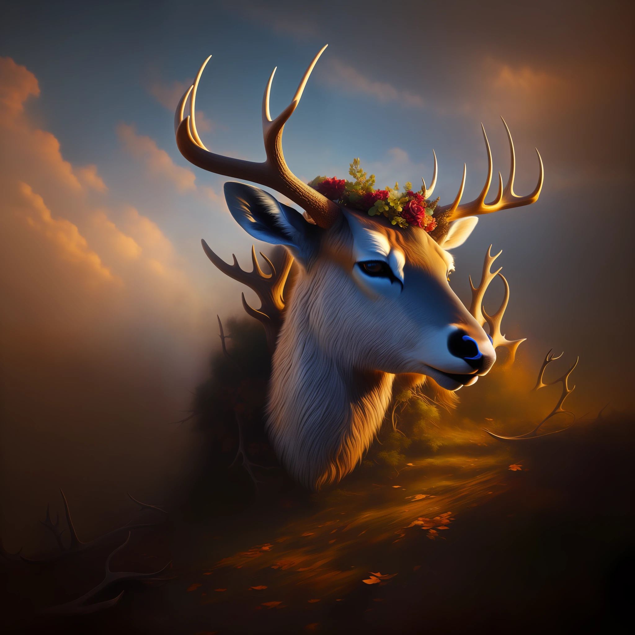 ultra-realistic realism，tmasterpiece，Messy colors，Eight thousand pixels，Deer head，floating feeling，A mysterious atmosphere，dynamic viewing angle，Faded antlers，Clouds，amber hues，Spiritual atmosphere。 --auto