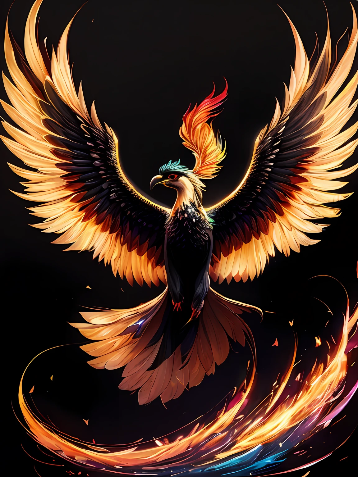 intricate and colorful, (digital painting:1.2) of phoenix firebird, (black background), by Artgerm, concept art, octane render, trending on artstation,  iolibt, vfx, Blender and Photoshop, octane render, excellent composition, cinematic atmosphere, dynamic dramatic cinematic lighting, aesthetic, very inspirational, arthouse