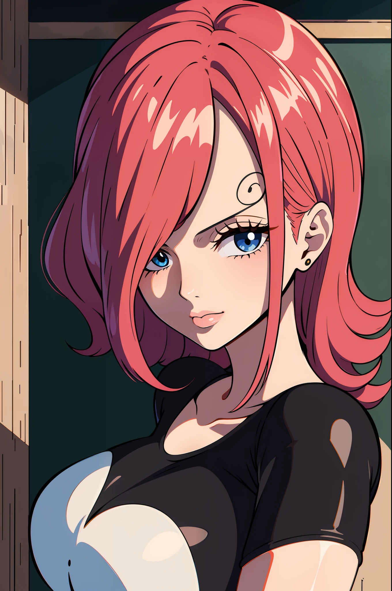 Reiju, One Piece, middlebreasts, eyes visible through the hair, pele clara, boca fechada, olhando para o telespectador, ((parte superior do corpo)), franja, cabelo com franja, cabelo rosa, batom rosa, cabelo flutuante, 1girl, um personagem, uma garota, eyes visible through the hair, ((franja escondendo um olho)), olho azul, sexy look, interior de um castelo, fundo desfocado, castelo anime, ((obra prima, melhor qualidade, 8k))