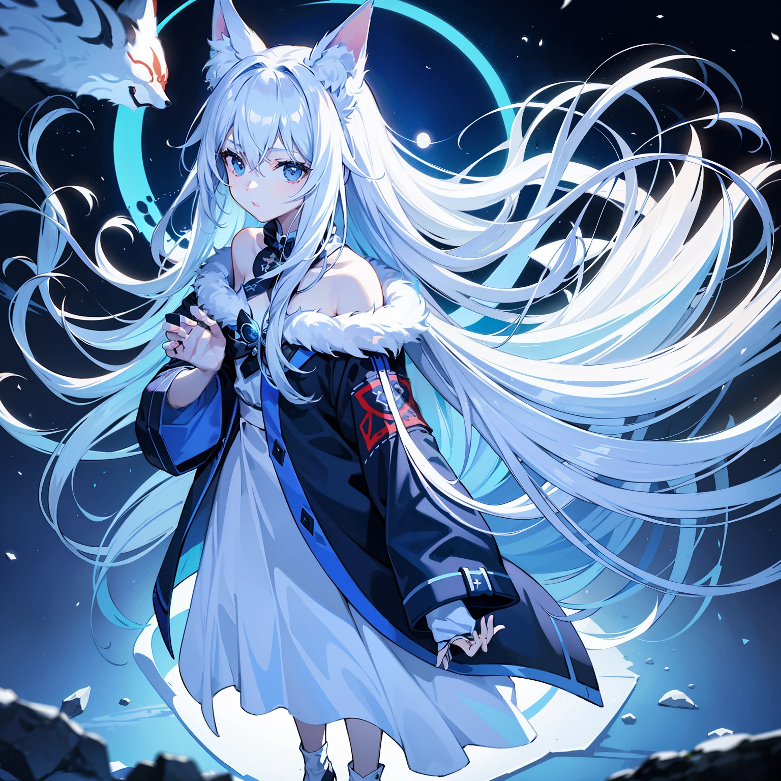 Anime girl with long white hair and blue eyes standing in front of a moon -  SeaArt AI