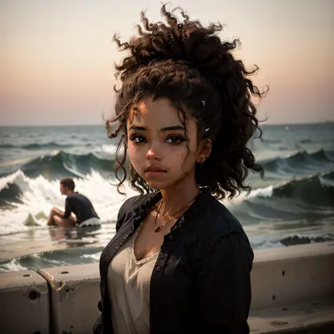 black curly haired girl by the ocean