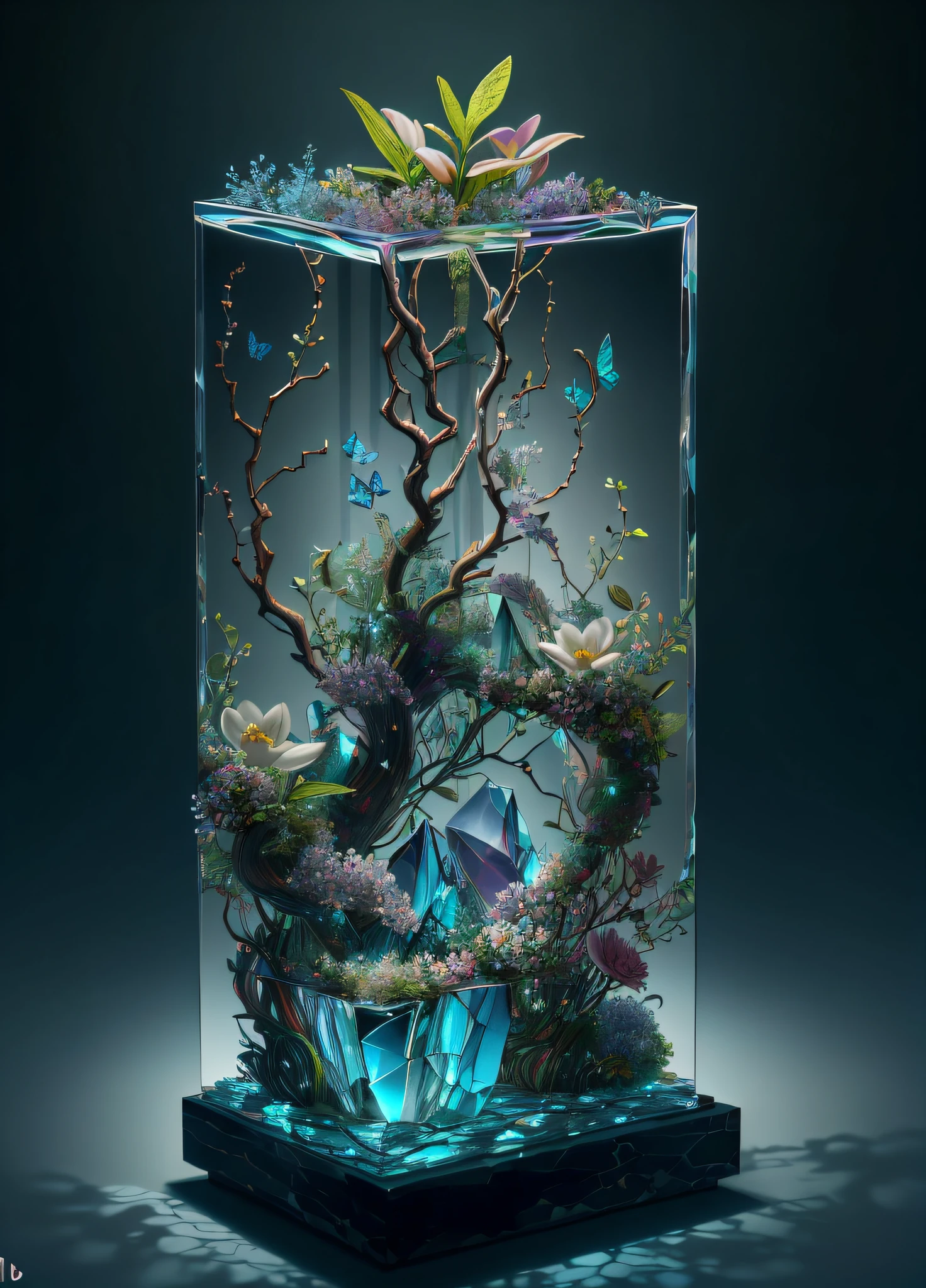 Una obra maestra de la escultura de cristal transparente，Hay plantas de vid en el interior，flores de magnolia，Colorida mariposa barbuda，Agua，con luz brillando，imaginario，alta calidad，alto detalle，la mejor calidad，ultra-realistic realism，poético，siendo realista，refracción de la luz atmosférica，RTX，4k，8k，