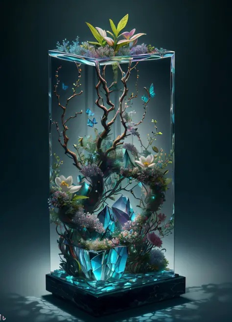 A masterpiece of transparent crystal sculpture，There are vine plants inside，Magnolia flowers，Colorful bearded butterfly，Eau，with...