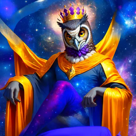 Humanoid black horned owl, owl face, male, big purple eyes, long eyebrows, black skinny hands, loose clothes, galaxy clothes, lo...