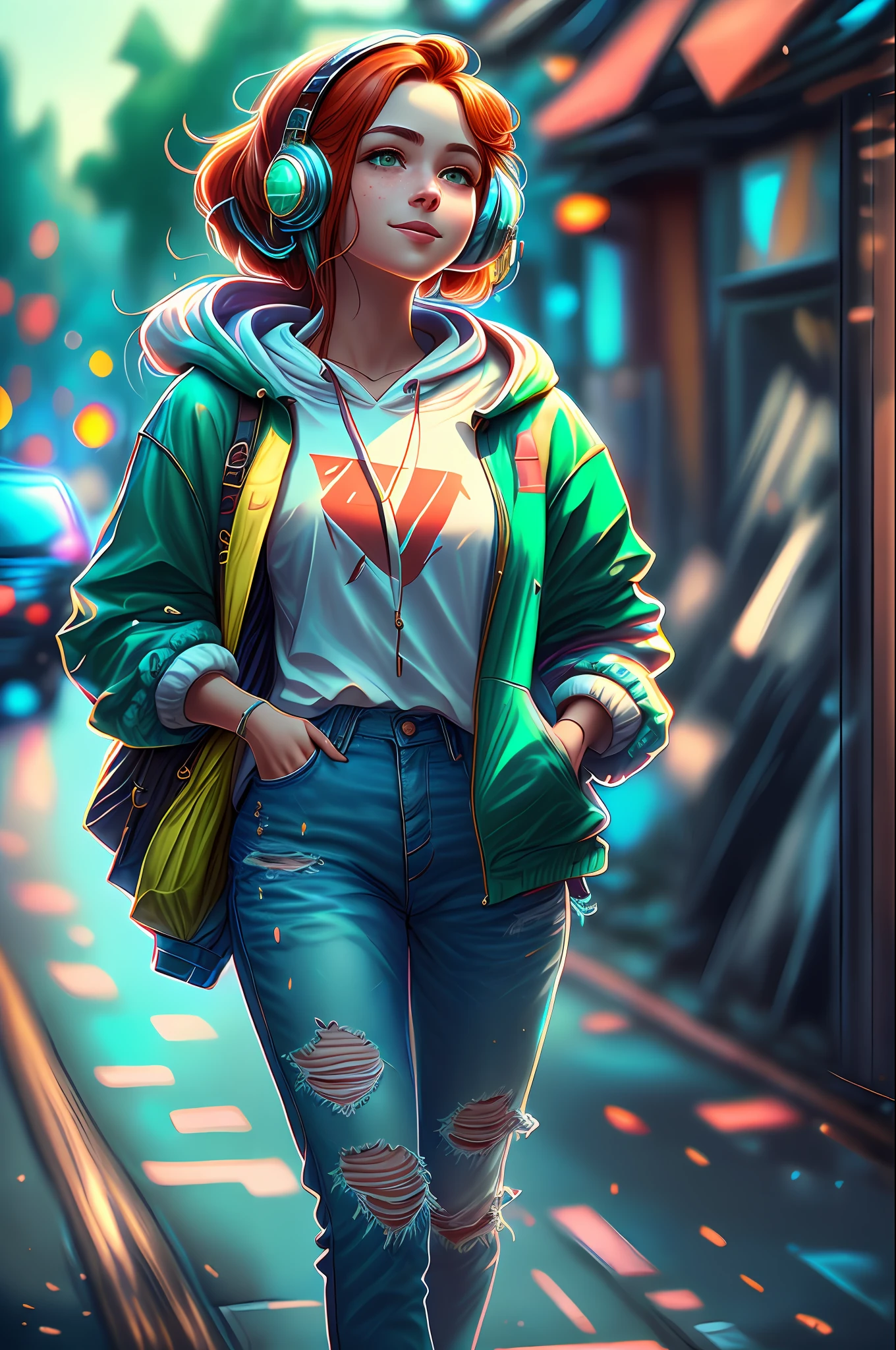 (masterpiece, photo-realistic:1.3), (redheaded teenager:1.2), (light green eyes:1.2), (freckles on her face:1.2), (gentle smile:1.1), (wearing wireless blue headphones:1.2), (loose-fitting red hoodie:1.2), (faded and relaxed jeans:1.1), (colorful Air Jordan-style sneakers:1.2), (full-body shot:1.2), (strolling along the sidewalk of a residential street:1.2), (abundant trees lining the street:1.2), (casual and carefree demeanor:1.1), (enjoying music on her headphones:1.2), (vibrant and lively street atmosphere:1.1), (perfectly captured details of her outfit:1.2), (effortless coolness:1.2), (sunny daylight illuminating the scene:1.1), (youthful energy and freedom:1.2), (expertly composed composition:1.2), Cinematic, Hyper-detailed, insane details, Beautifully color graded, Unreal Engine, DOF, Super-Resolution, Megapixel, Cinematic Lightning, Anti-Aliasing, FKAA, TXAA, RTX, SSAO, Post Processing, Post Production, Tone Mapping, CGI, VFX, SFX, Insanely detailed and intricate, Hyper maximalist, Hyper realistic, Volumetric, Photorealistic, ultra photoreal, ultra-detailed, intricate details, 8K, Super detailed, Full color, Volumetric lightning, HDR, Realistic, Unreal Engine, 16K, Sharp focus, octane render --auto --s2