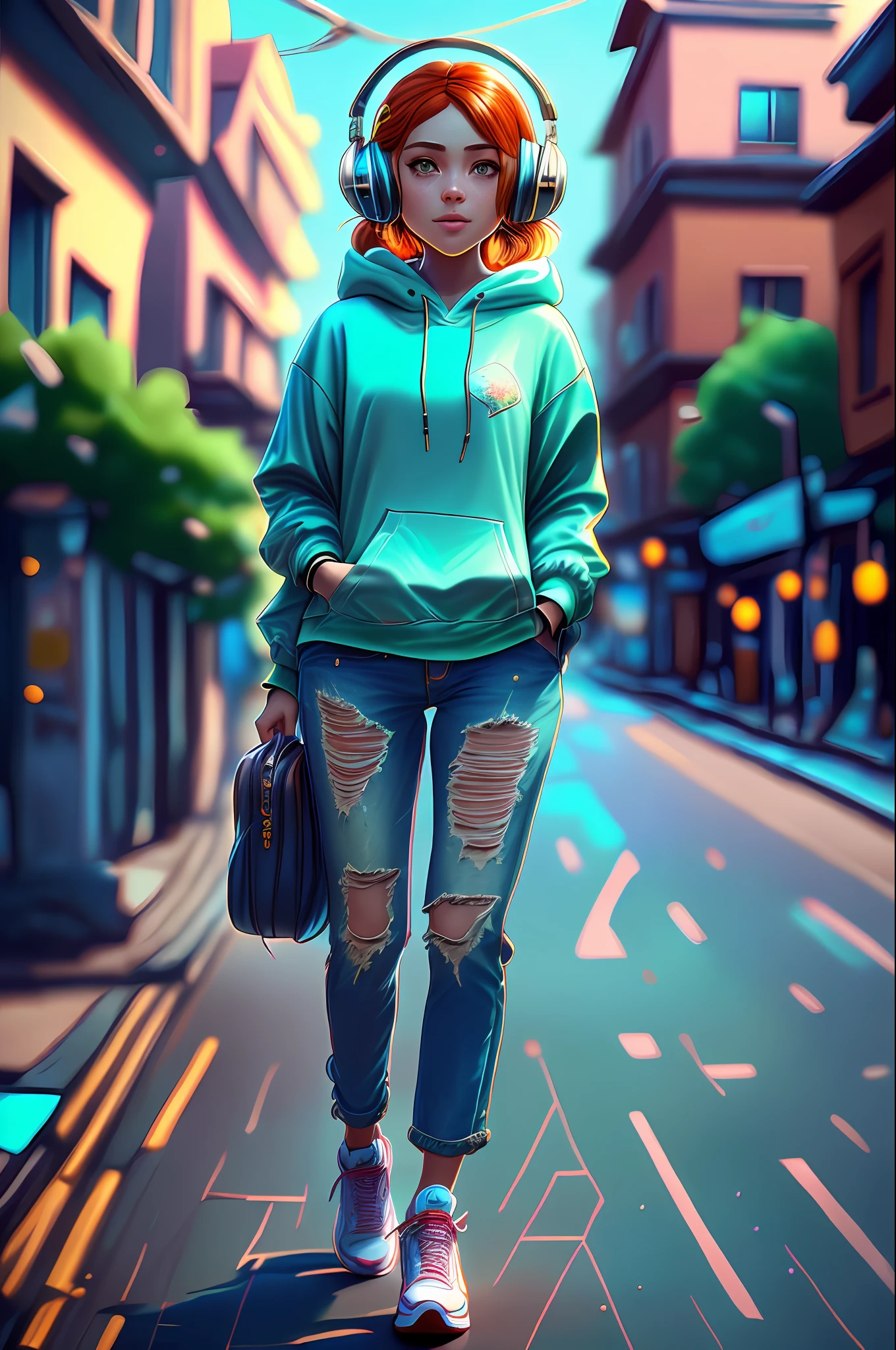 (masterpiece, photo-realistic:1.3), (redheaded teenager:1.2), (light green eyes:1.2), (freckles on her face:1.2), (gentle smile:1.1), (wearing wireless blue headphones:1.2), (loose-fitting red hoodie:1.2), (faded and relaxed jeans:1.1), (colorful Air Jordan-style sneakers:1.2), (full-body shot:1.2), (strolling along the sidewalk of a residential street:1.2), (abundant trees lining the street:1.2), (casual and carefree demeanor:1.1), (enjoying music on her headphones:1.2), (vibrant and lively street atmosphere:1.1), (perfectly captured details of her outfit:1.2), (effortless coolness:1.2), (sunny daylight illuminating the scene:1.1), (youthful energy and freedom:1.2), (expertly composed composition:1.2), Cinematic, Hyper-detailed, insane details, Beautifully color graded, Unreal Engine, DOF, Super-Resolution, Megapixel, Cinematic Lightning, Anti-Aliasing, FKAA, TXAA, RTX, SSAO, Post Processing, Post Production, Tone Mapping, CGI, VFX, SFX, Insanely detailed and intricate, Hyper maximalist, Hyper realistic, Volumetric, Photorealistic, ultra photoreal, ultra-detailed, intricate details, 8K, Super detailed, Full color, Volumetric lightning, HDR, Realistic, Unreal Engine, 16K, Sharp focus, octane render --auto --s2