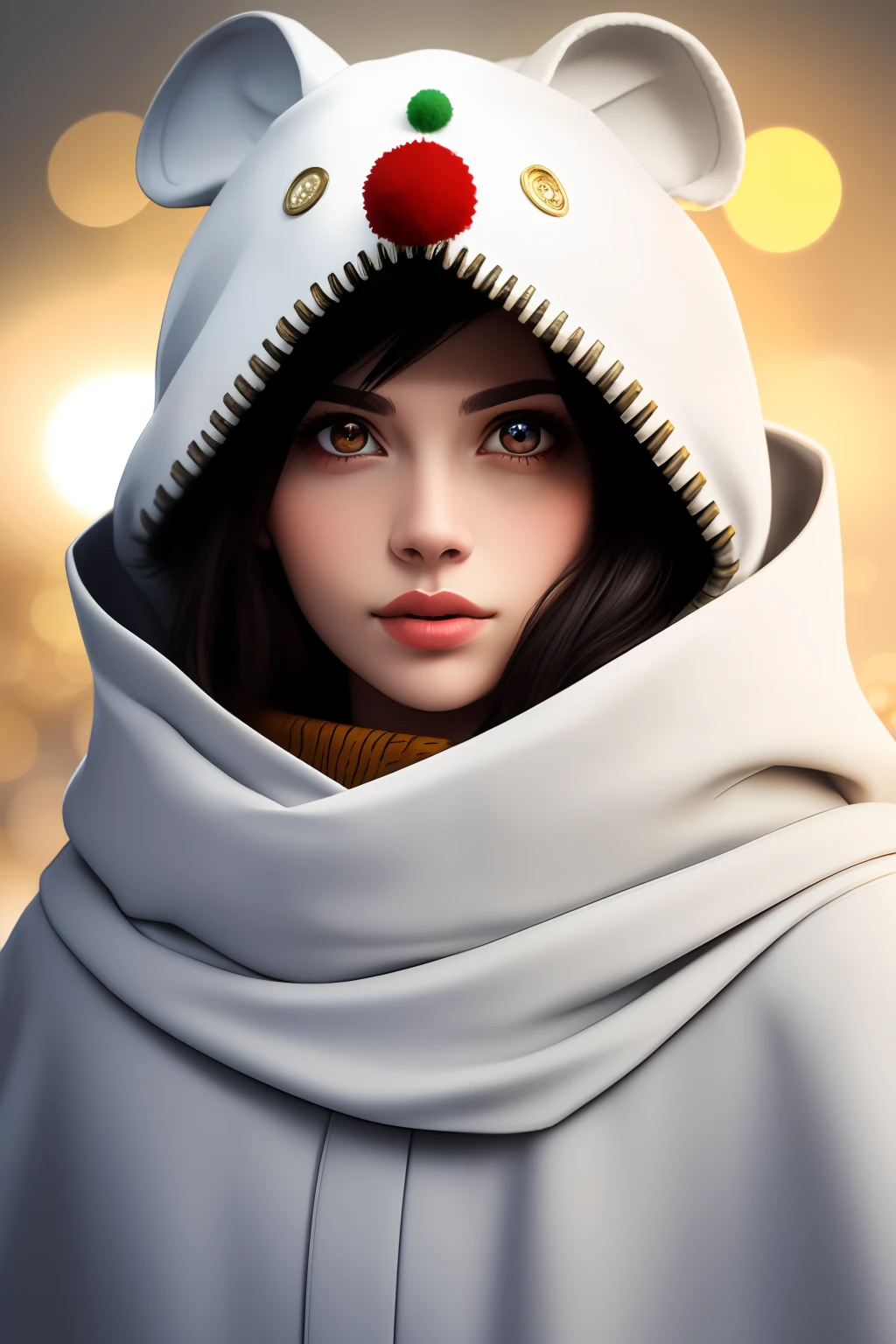 headband, moogle, animal hood, white cloak, (sharp focus:1.2), portrait, ((posing)), (beautiful face:1.1), detailed eyes, luscious lips, ((skindentation)), (bright studio lighting:1.2), depth of field, bokeh, 4K, HD