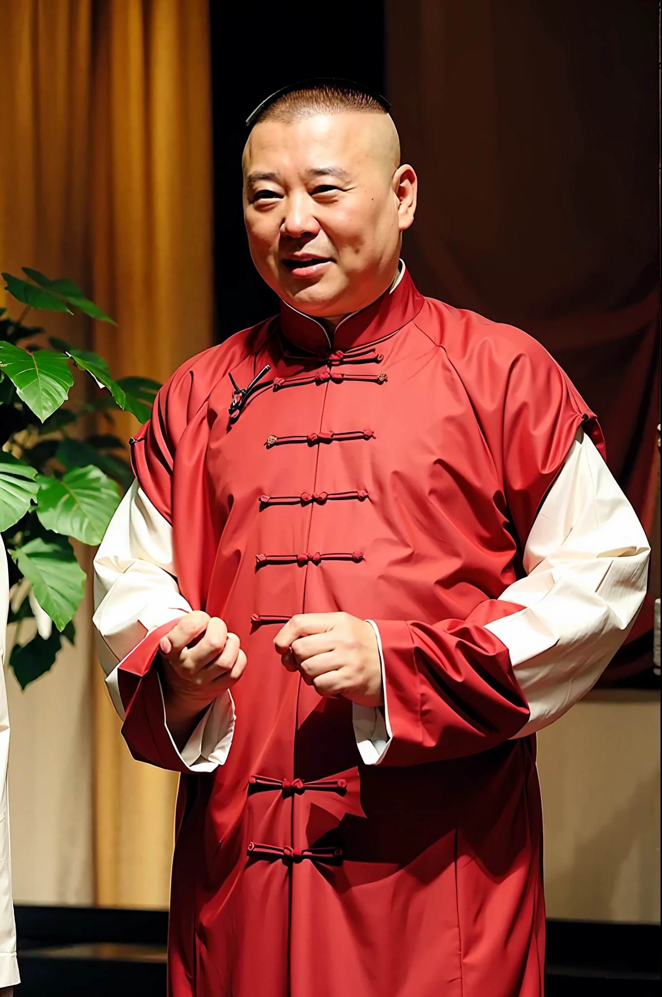 best qualtiy，超高分辨率，（fidelity：1.4），1man，balding，Detailed eyes，The upper part of the body，peace，serious，Kind，Traditional Chinese clothing，Wear peonies on your head