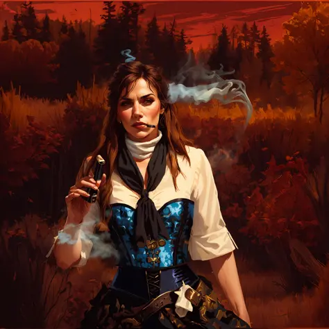 R3DD34Dstyle, digital portrait, woman smoking a cigarette, blue corset, white shirt, Black scarf, patronage, red background
